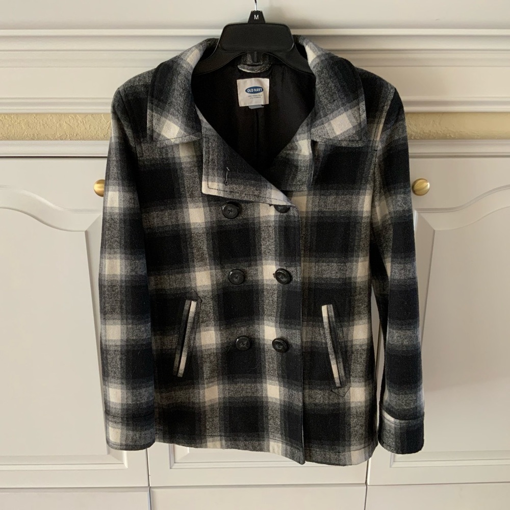 Old Navy black plaid wool blend pea coat size M
